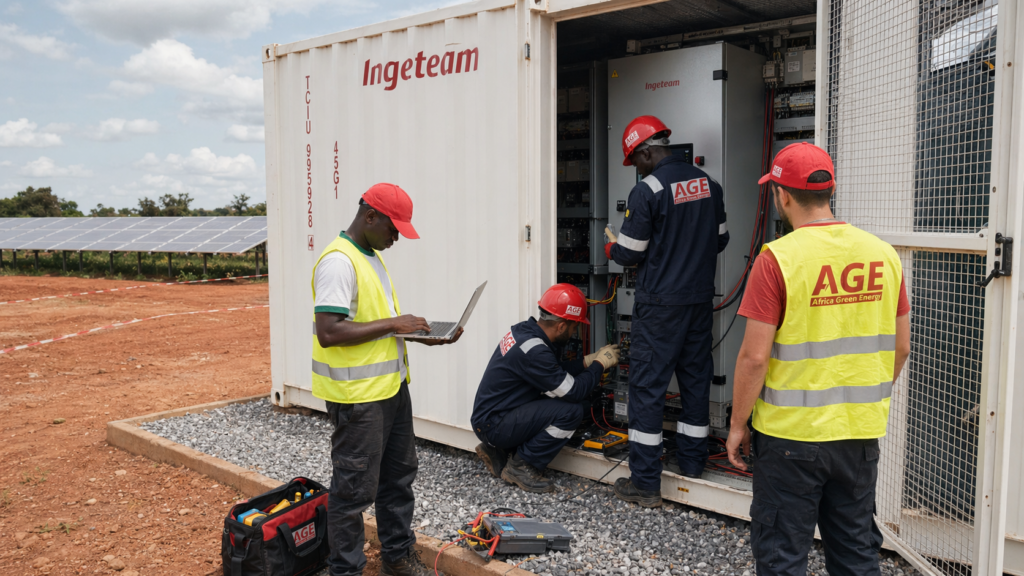Équipe d'ingénieurs d'Africa Green Energy effectuant le commissioning et la maintenance technique d'un onduleur Ingeteam sur une centrale solaire photovoltaïque utility-scale.
