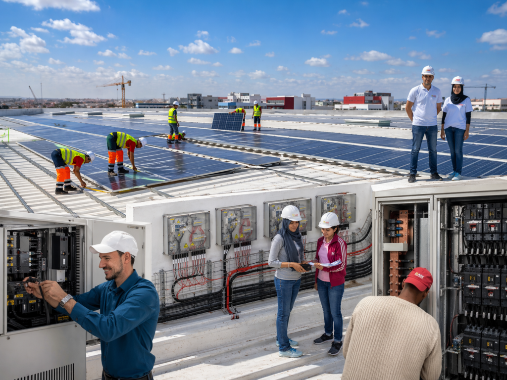 Montage photographique présentant les différentes phases de réalisation du projet Flash Candy Gum à Casablanca : installation des panneaux photovoltaïques en toiture, câblage des armoires électriques TGBT et ingénierie de contrôle sur site.