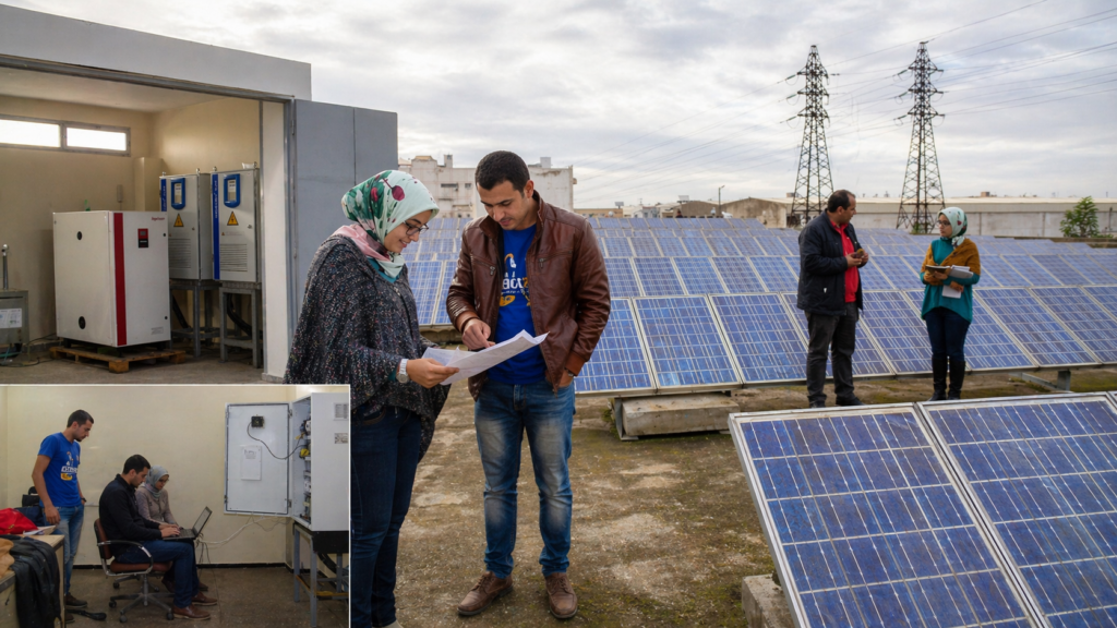 Ingénieurs d'Africa Green Energy analysant des plans techniques sur le site du démonstrateur photovoltaïque de l'ONEE à Ain Sebaa, Casablanca, avec des rangées de panneaux solaires et des onduleurs Ingeteam en arrière-plan.