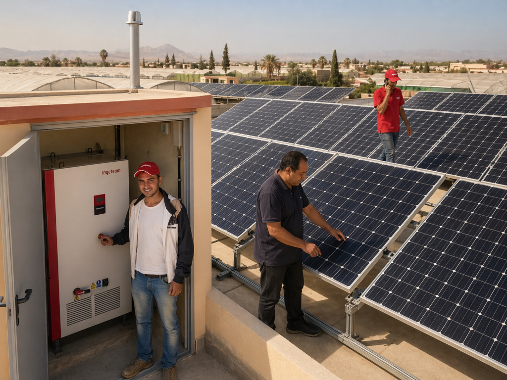 RÉALISATION INDUSTRIELLE Pépinière Golden Plant — Sidi Bibi 100 kWp — Autoconsommation — Sidi Bibi, Maroc — 2016 Installation photovoltaïque d’autoconsommation raccordée au réseau avec non-injection (100 kWp — onduleur Ingeteam). Études, fourniture, installation et mise en service pour la pépinière Golden Plant à Sidi Bibi. Maintenance assurée par AGE après réalisation.