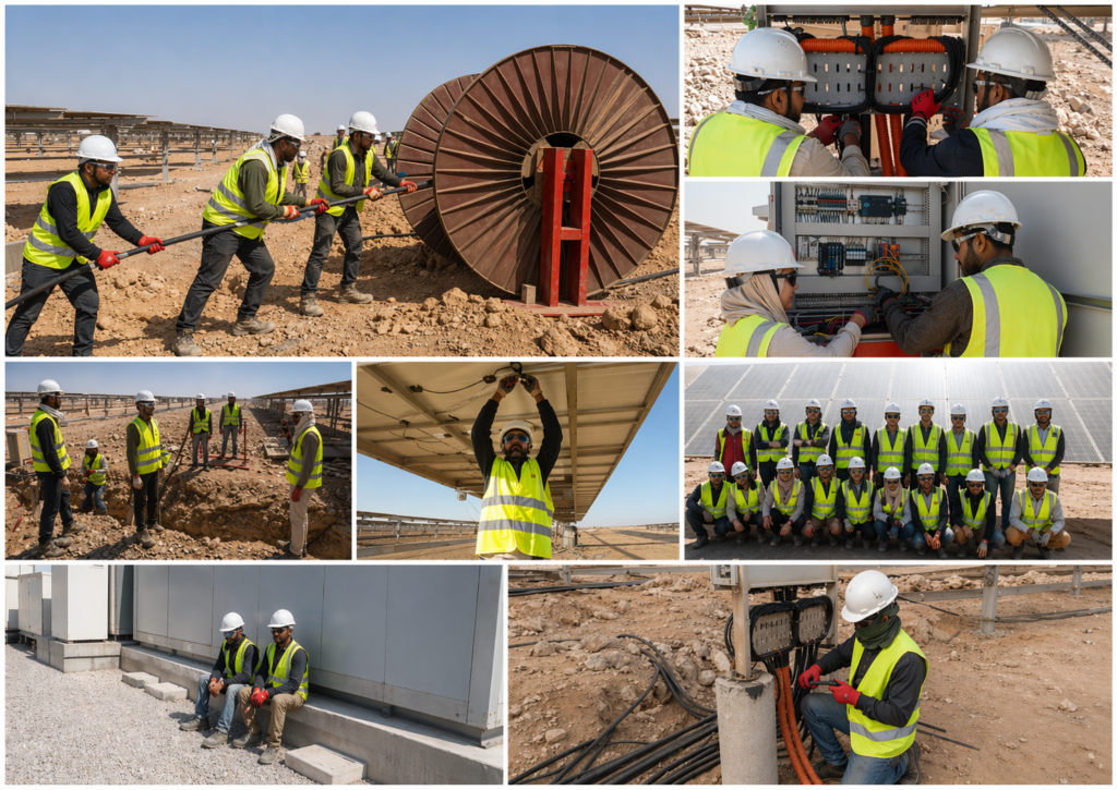 Planche photographique montrant les équipes techniques d'Africa Green Energy sur le chantier NOOR Laâyoune : tirage manuel de câbles haute puissance, raccordement de boîtiers électriques, pose de modules photovoltaïques et photo de groupe des intervenants en équipement de protection.