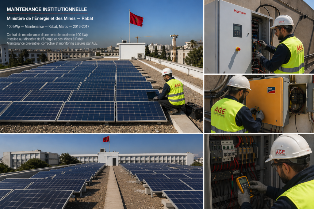 Planche photographique illustrant la maintenance d'une centrale solaire de 100 kWp en toiture du Ministère de l'Énergie et des Mines à Rabat : vues des rangées de panneaux avec le drapeau marocain, et gros plans techniques sur les techniciens d'Africa Green Energy intervenant sur des onduleurs Ingeteam et SMA.