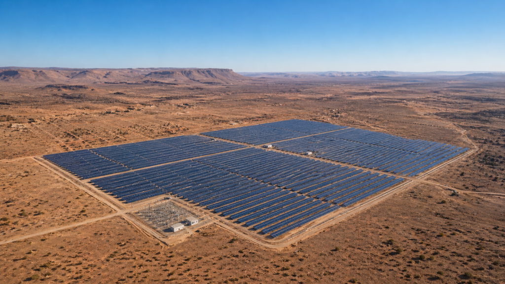 Vue aérienne d'une centrale solaire photovoltaïque de 50 MW au sol, située dans une plaine désertique avec des formations rocheuses en arrière-plan et un poste de raccordement électrique compact au premier plan.